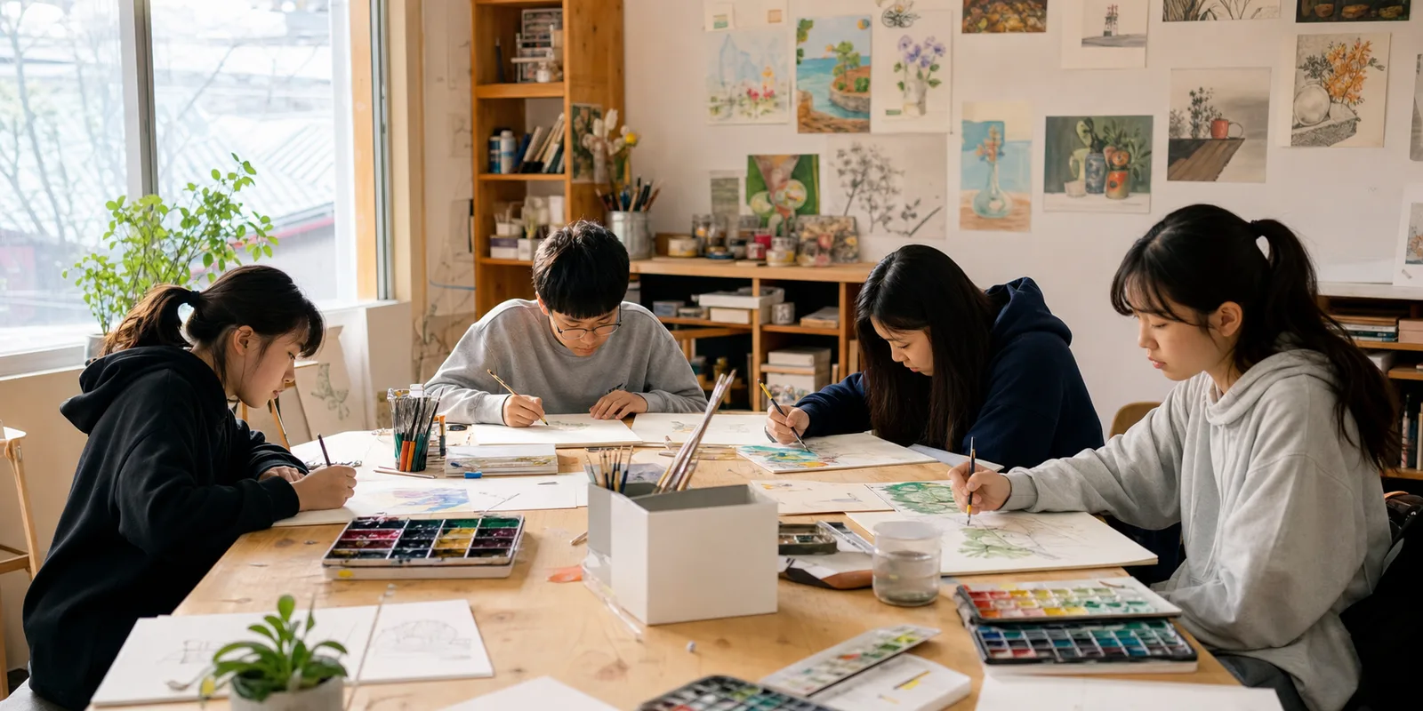 라미아트에서 그림을 그리고 있는 한국 학생들